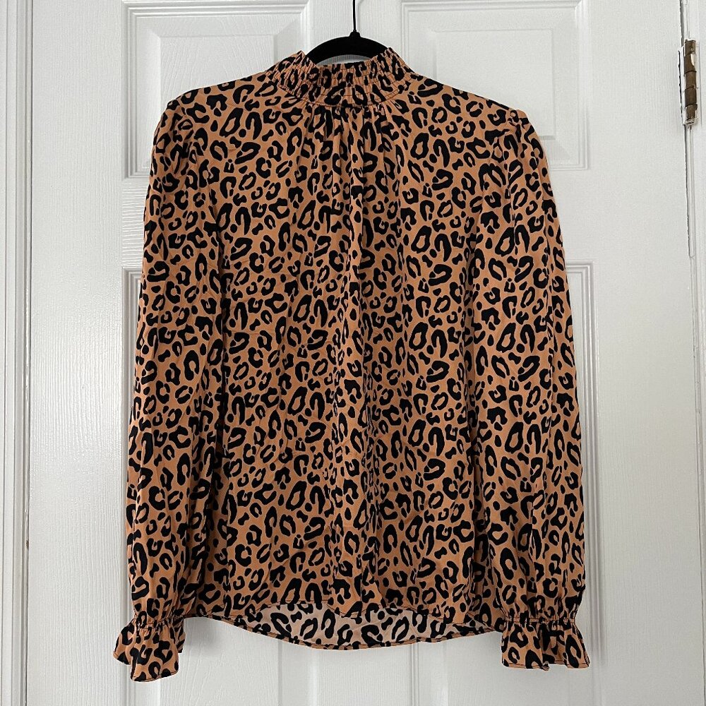 Tucker Silk Blend Tan & Black Keyhole Leopard Print Long Sleeve Top Size XS